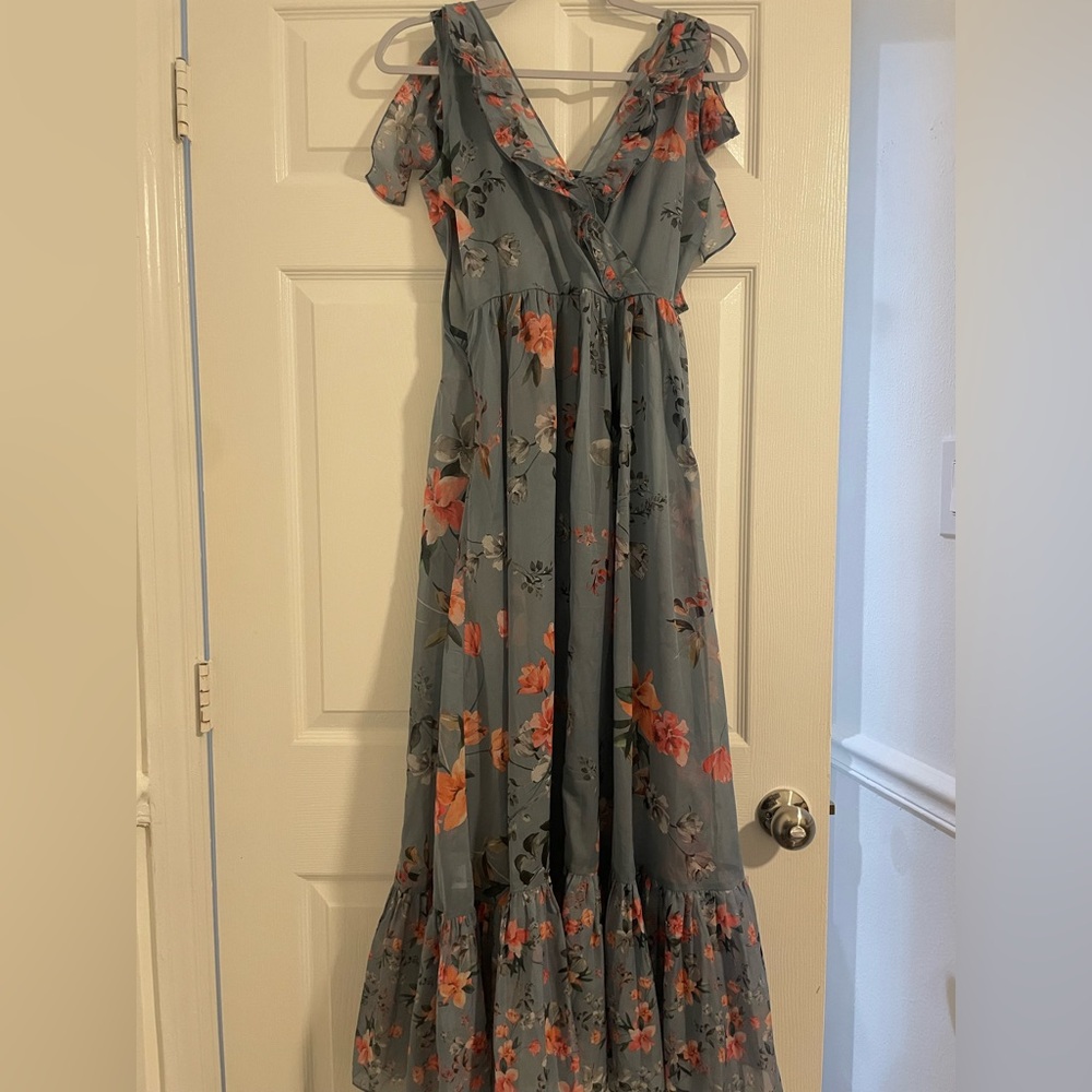 Long thin blue dress with beautiful pink print flowers